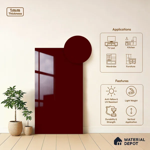 Solid Colors Look LM 19253 Burgundy 8 ft x 4 ft Glossy Finish Decorative Laminate - 1 mm | Suitable for Living Room, Kitchen, Office