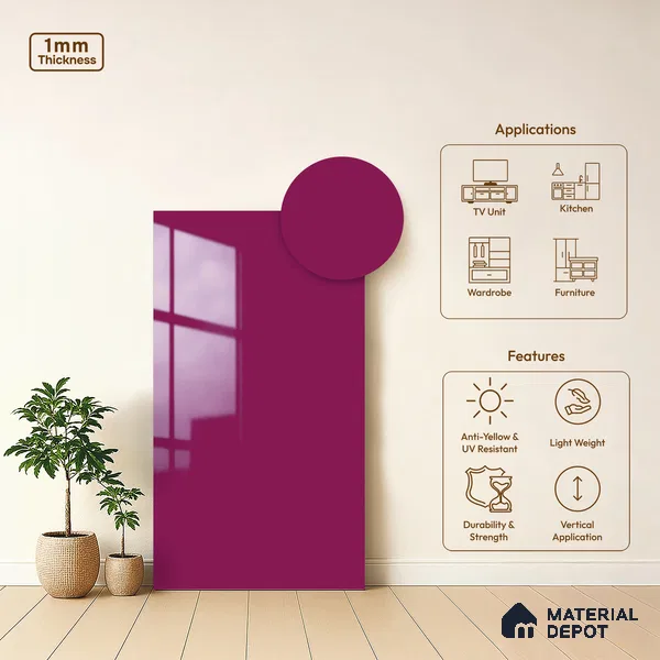 Solid Colors Look LM 19254 Bubble Gum Pink 8 ft x 4 ft Glossy Finish Decorative Laminate - 1 mm | Suitable for Living Room, Kitchen, Office