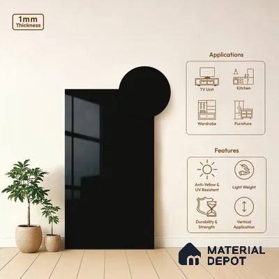 Solid Colors Look LM 19257 Super Black 8 ft x 4 ft Glossy Finish Decorative Laminate - 1 mm | Suitable for Living Room, Kitchen, Office