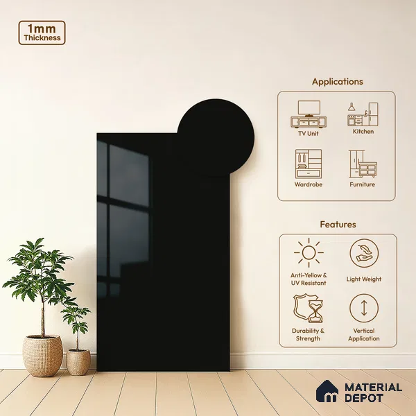 Solid Colors Look LM 19257 Super Black 8 ft x 4 ft Glossy Finish Decorative Laminate - 1 mm | Suitable for Living Room, Kitchen, Office