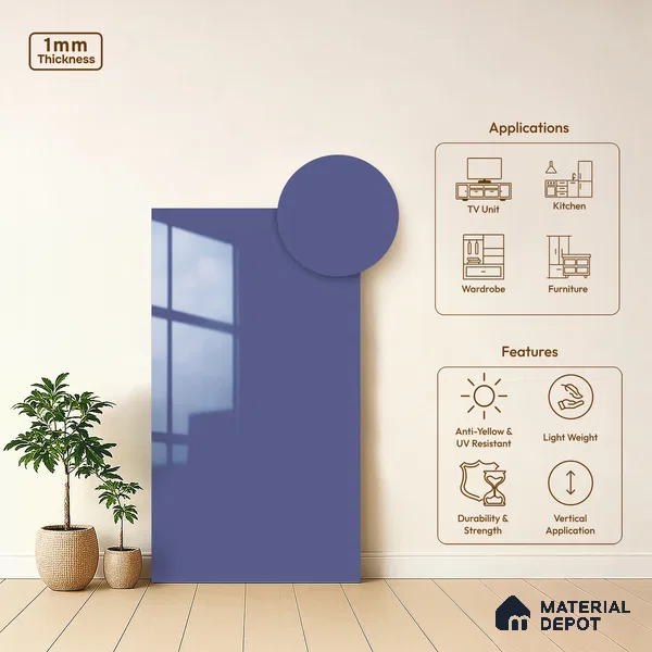 Solid Colors Look LM 19258 Arctic Blue 8 ft x 4 ft Glossy Finish Decorative Laminate - 1 mm | Suitable for Living Room, Kitchen, Office