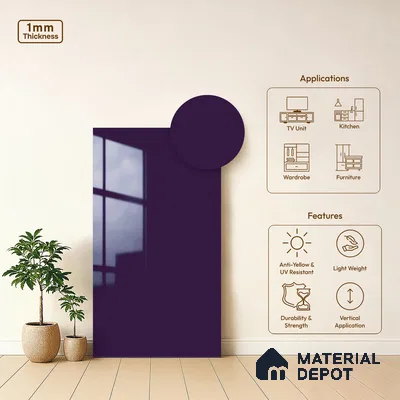 Solid Colors Look LM 19260 Royal Purple 8 ft x 4 ft Glossy Finish Decorative Laminate - 1 mm | Suitable for Living Room, Kitchen, Office