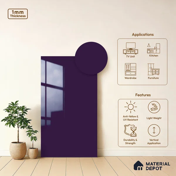Solid Colors Look LM 19260 Royal Purple 8 ft x 4 ft Glossy Finish Decorative Laminate - 1 mm | Suitable for Living Room, Kitchen, Office
