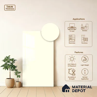 Solid Colors Look LM 19268 Off White 8 ft x 4 ft Glossy Finish Decorative Laminate - 1 mm | Suitable for Living Room, Kitchen, Office