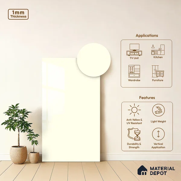 Solid Colors Look LM 19268 Off White 8 ft x 4 ft Glossy Finish Decorative Laminate - 1 mm | Suitable for Living Room, Kitchen, Office