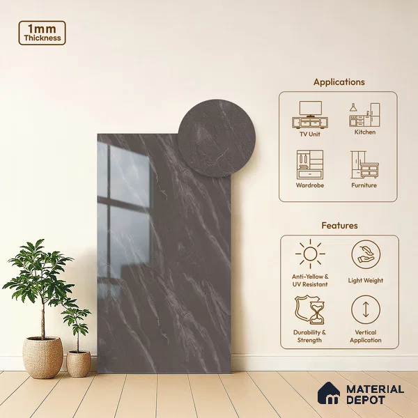 Stone Look LM 19278 Grey Carrara 8 ft x 4 ft Glossy Finish Decorative Laminate - 1 mm | Suitable for TV Unit, Wardrobe, Kitchen Cabinets