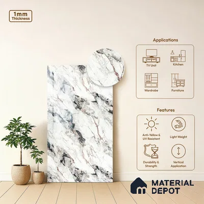 Stone Look LM 19279 Venetian Carrara 8 ft x 4 ft Glossy Finish Decorative Laminate - 1 mm | Suitable for TV Unit, Wardrobe, Kitchen Cabinets