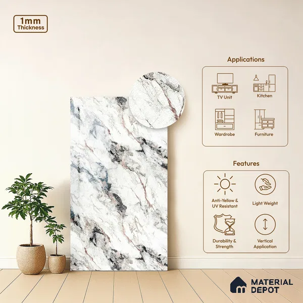 Stone Look LM 19279 Venetian Carrara 8 ft x 4 ft Glossy Finish Decorative Laminate - 1 mm | Suitable for TV Unit, Wardrobe, Kitchen Cabinets