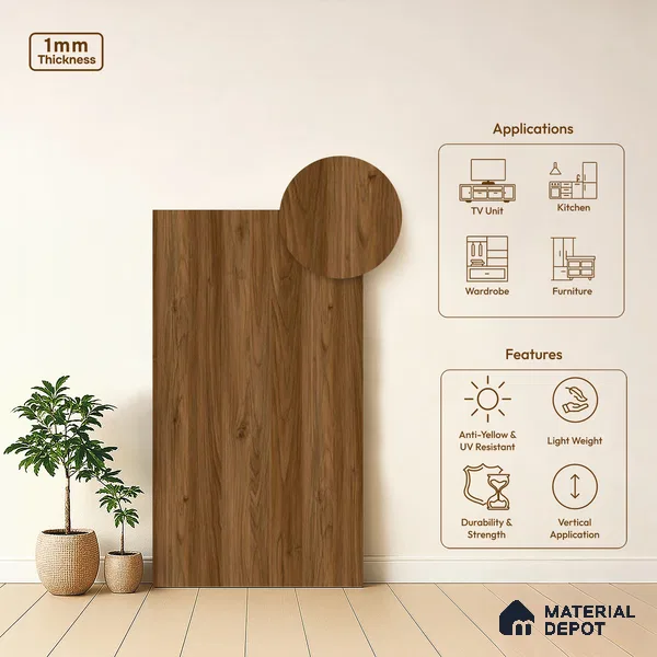 Wooden Look LM 19281 Raw Juglans 8 ft x 4 ft Suede Finish Decorative Laminate - 1 mm | Suitable for TV Unit, Wardrobe, Kitchen Cabinets