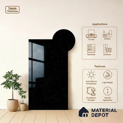 Marble Look LM 19286 Black Pearl Marble 8 ft x 4 ft Glossy Finish Decorative Laminate - 1 mm | Suitable for TV Unit, Wardrobe, Kitchen Cabinets