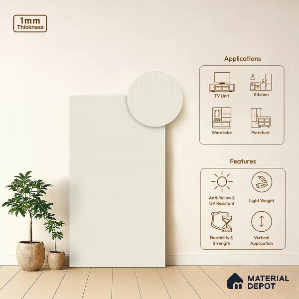 Light Beige Fluted Solid Color Look LM 19292 Metallic White 8 ft x 4 ft Texture Finish Decorative Laminate - 1 mm | Suitable for TV Unit, Wardrobe, Kitchen Cabinets