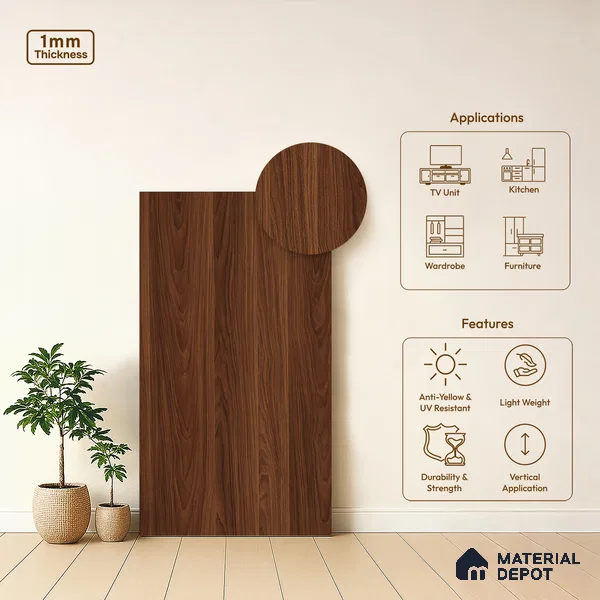 Wooden Look LM 19311 Polished Walnut 8 ft x 4 ft Matte Finish Decorative Laminate - 1 mm | Suitable for TV Unit, Wardrobe, Kitchen Cabinets