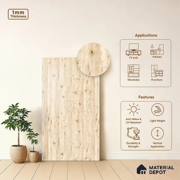 Wooden Look LM 19331 White Tyrol Pine 8 ft x 4 ft Texture Finish Decorative Laminate - 1 mm | Suitable for TV Unit, Wardrobe, Kitchen Cabinets