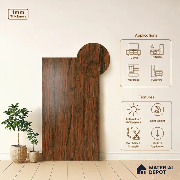 Wooden Look LM 19332 Tropical Wood 8 ft x 4 ft Texture Finish Decorative Laminate - 1 mm | Suitable for TV Unit, Wardrobe, Kitchen Cabinets