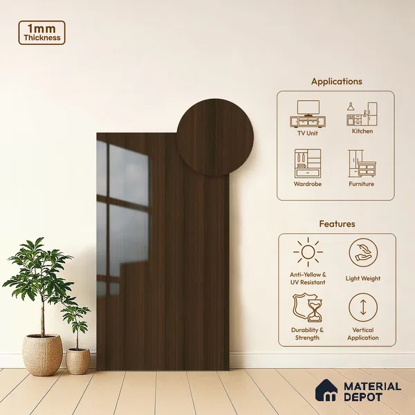 Wooden Look LM 19347 Wales Walnut 8 ft x 4 ft Glossy Finish Decorative Laminate - 1 mm | Suitable for TV Unit, Wardrobe, Kitchen Cabinets