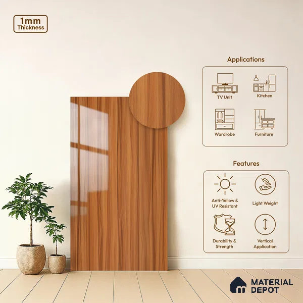 Wooden Look LM 19349 Waterloo Walnut 8 ft x 4 ft Glossy Finish Decorative Laminate - 1 mm | Suitable for TV Unit, Wardrobe, Kitchen Cabinets