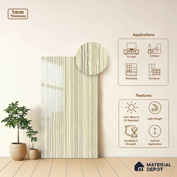 Wooden Look LM 19351 Calvi Craftwood 8 ft x 4 ft Glossy Finish Decorative Laminate - 1 mm | Suitable for TV Unit, Wardrobe, Kitchen Cabinets