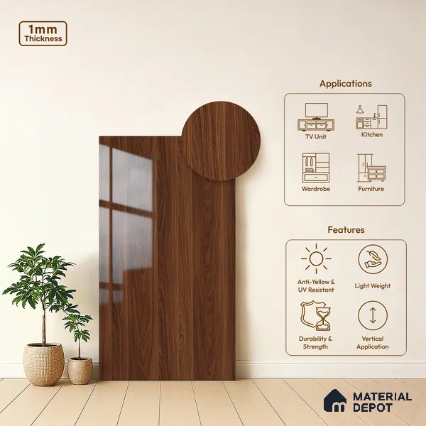 Wooden Look LM 19354 Polished Walnut 8 ft x 4 ft Glossy Finish Decorative Laminate - 1 mm | Suitable for TV Unit, Wardrobe, Kitchen Cabinets