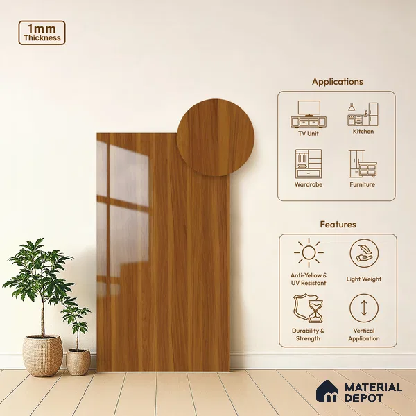 Wooden Look LM 19355 English Juglans 8 ft x 4 ft Glossy Finish Decorative Laminate - 1 mm | Suitable for TV Unit, Wardrobe, Kitchen Cabinets