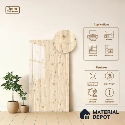 Wooden Look LM 19364 White Tyrol Pine 8 ft x 4 ft Glossy Finish Decorative Laminate - 1 mm | Suitable for TV Unit, Wardrobe, Kitchen Cabinets