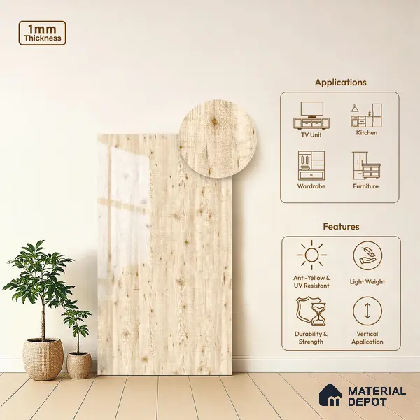 Wooden Look LM 19364 White Tyrol Pine 8 ft x 4 ft Glossy Finish Decorative Laminate - 1 mm | Suitable for TV Unit, Wardrobe, Kitchen Cabinets