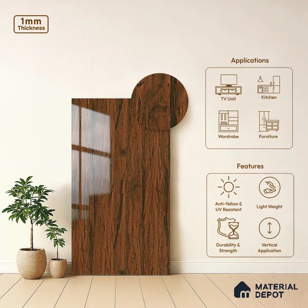 Wooden Look LM 19365 Tropical Wood 8 ft x 4 ft Glossy Finish Decorative Laminate - 1 mm | Suitable for TV Unit, Wardrobe, Kitchen Cabinets