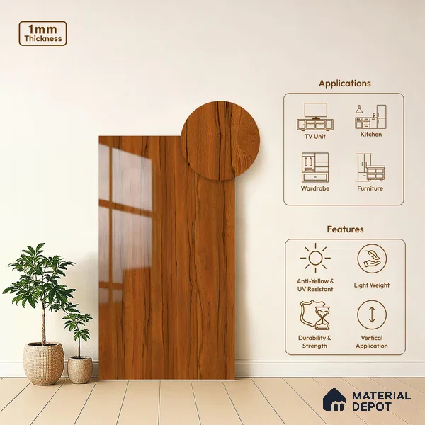 Wooden Look LM 19366 Apple Wood Usa 8 ft x 4 ft Glossy Finish Decorative Laminate - 1 mm | Suitable for TV Unit, Wardrobe, Kitchen Cabinets