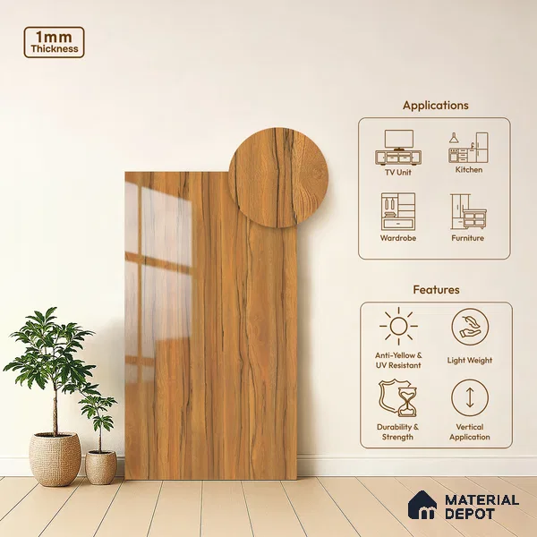 Wooden Look LM 19367 Apple Wood Uk 8 ft x 4 ft Glossy Finish Decorative Laminate - 1 mm | Suitable for TV Unit, Wardrobe, Kitchen Cabinets