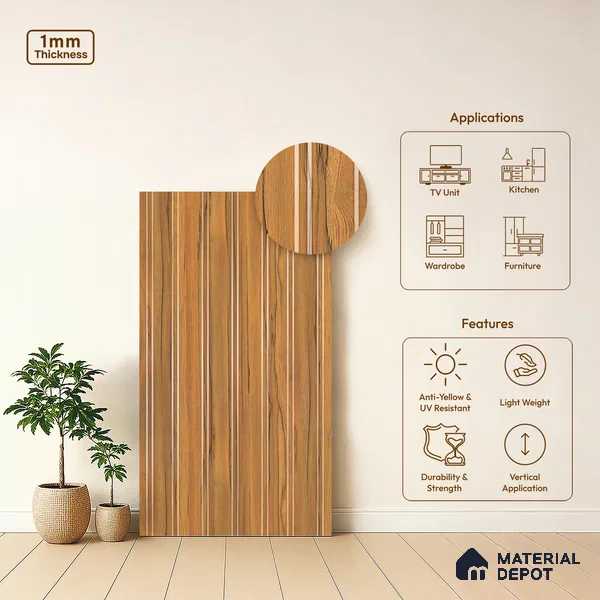 Wooden Look LM 19380 Apple Wood Uk 8 ft x 4 ft Texture Finish Decorative Laminate - 1 mm | Suitable for TV Unit, Wardrobe, Kitchen Cabinets