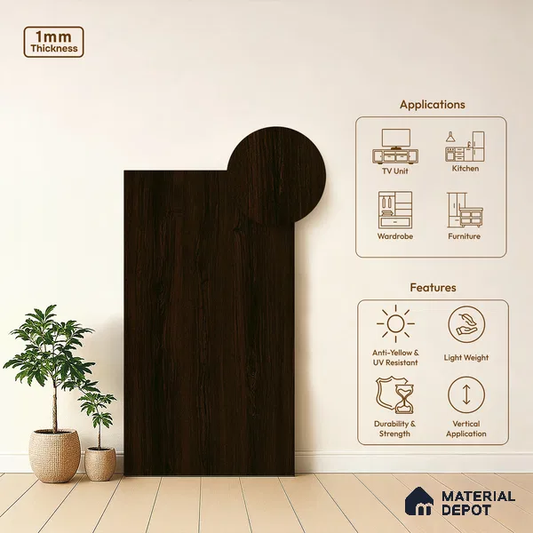 Wooden Look LM 19399 Catania Chestnut 8 ft x 4 ft Suede Finish Decorative Laminate - 1 mm | Suitable for TV Unit, Wardrobe, Kitchen Cabinets