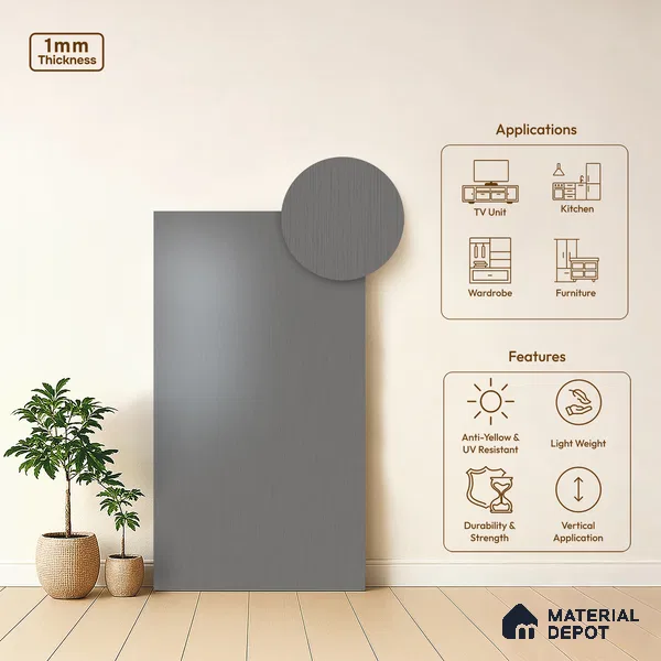 Solid Colors Look LM 23637 Silver Foil 8 ft x 4 ft Matte Finish Decorative Laminate - 1 mm | Suitable for Living Room, Kitchen, Office