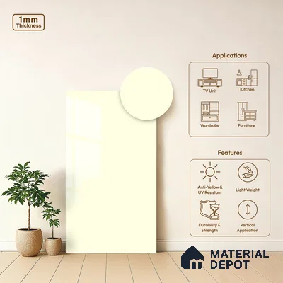 LM 19441 I Off White Solid Color Glossy Finish 8 ft x 4 ft Decorative Laminate - 1 mm | Suitable for Living Room, Kitchen, Office