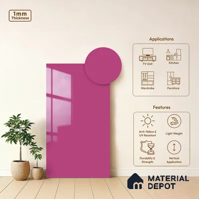 LM 19443 Vivid Pink Solid Color Glossy Finish 8 ft x 4 ft Decorative Laminate - 1 mm | Suitable for Living Room, Kitchen, Office