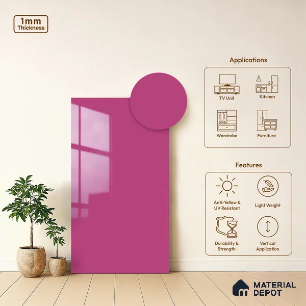 LM 19443 Vivid Pink Solid Color Glossy Finish 8 ft x 4 ft Decorative Laminate - 1 mm | Suitable for Living Room, Kitchen, Office