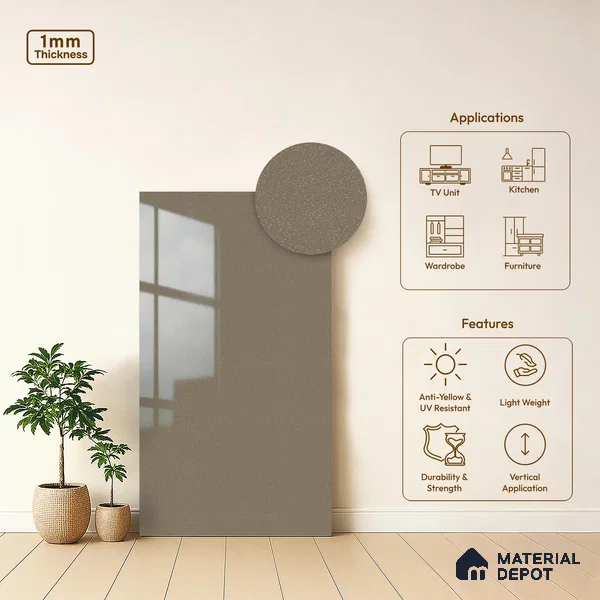 LM 19467 Beige Metallic High Gloss Finish 8 ft x 4 ft Decorative Laminate - 1 mm | Suitable for TV Unit, Wardrobe, Kitchen Cabinets