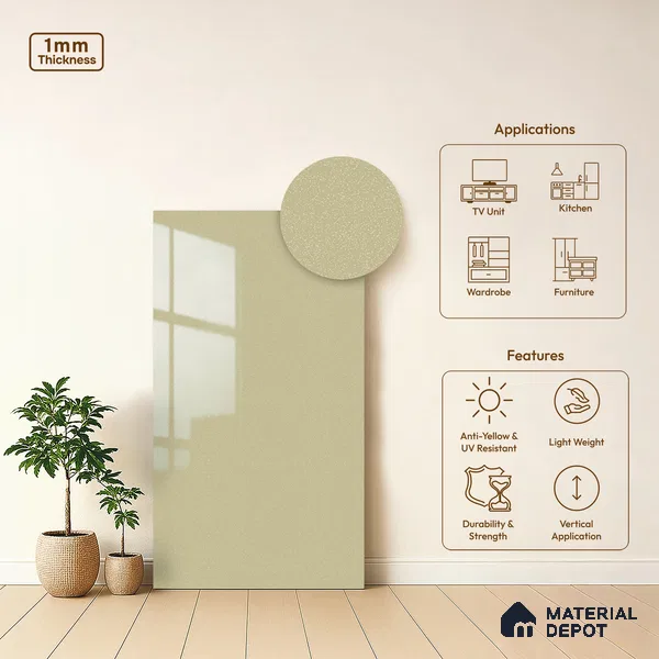 LM 19471 Cream Metallic High Gloss Finish 8 ft x 4 ft Decorative Laminate - 1 mm | Suitable for TV Unit, Wardrobe, Kitchen Cabinets