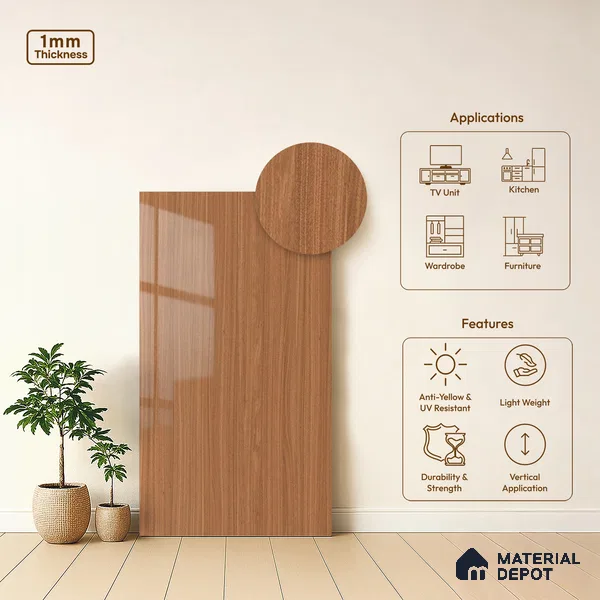 Wooden Look LM 19484 D Chesterfield Oak Wood High Gloss Finish 8 ft x 4 ft Decorative Laminate - 1 mm | Suitable for TV Unit, Wardrobe, Kitchen Cabinets