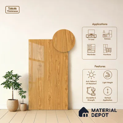 Wooden Look LM 19488 D Metallic Teak Wood High Gloss Finish 8 ft x 4 ft Decorative Laminate - 1 mm | Suitable for TV Unit, Wardrobe, Kitchen Cabinets