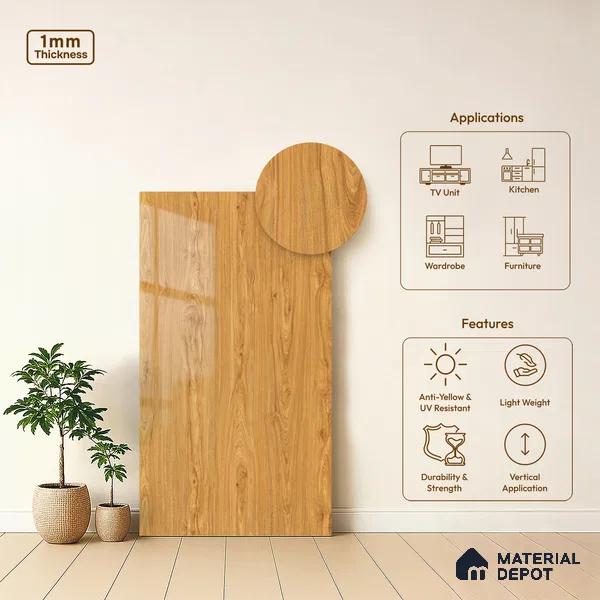 Wooden Look LM 19488 D Metallic Teak Wood High Gloss Finish 8 ft x 4 ft Decorative Laminate - 1 mm | Suitable for TV Unit, Wardrobe, Kitchen Cabinets