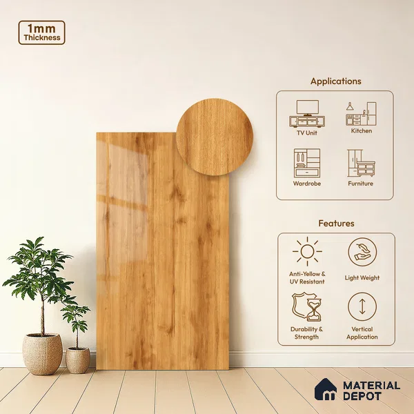 Wooden Look LM 19495 E Modern Oak Wood High Gloss Finish 8 ft x 4 ft Decorative Laminate - 1 mm | Suitable for TV Unit, Wardrobe, Kitchen Cabinets