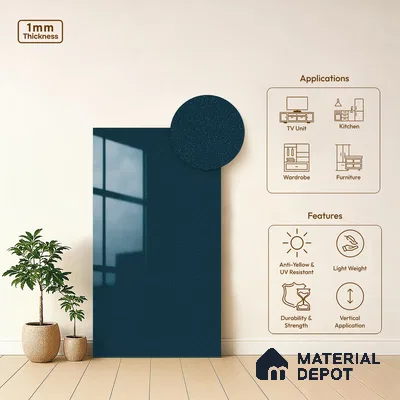 LM 19503 Folk Blue Sheen Shine High Gloss Finish 8 ft x 4 ft Decorative Laminate - 1 mm | Suitable for TV Unit, Wardrobe, Kitchen Cabinets