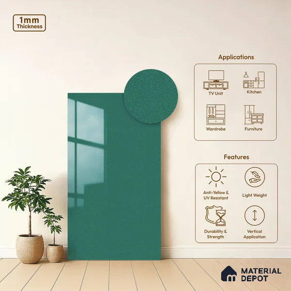 LM 19507 Glade Green Sheen Shine High Gloss Finish 8 ft x 4 ft Decorative Laminate - 1 mm | Suitable for TV Unit, Wardrobe, Kitchen Cabinets