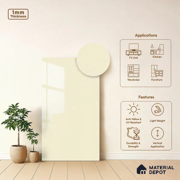 LM 19509 Ultra White Sheen Shine High Gloss Finish 8 ft x 4 ft Decorative Laminate - 1 mm | Suitable for TV Unit, Wardrobe, Kitchen Cabinets