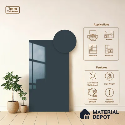 LM 21055 D Charcoal Grey Solid Color Glossy Finish 8 ft x 4 ft Decorative Laminate - 1 mm | Suitable for Living Room, Kitchen, Office