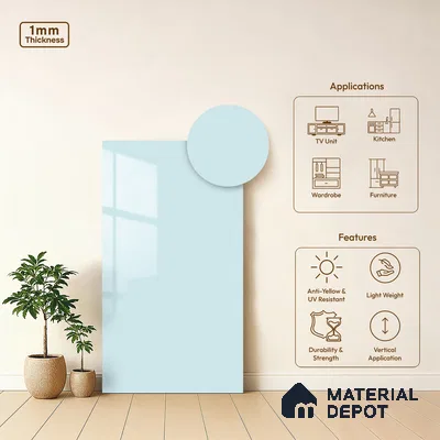 LM 21056 C Pale Aqua Solid Color Glossy Finish 8 ft x 4 ft Decorative Laminate - 1 mm | Suitable for Living Room, Kitchen, Office