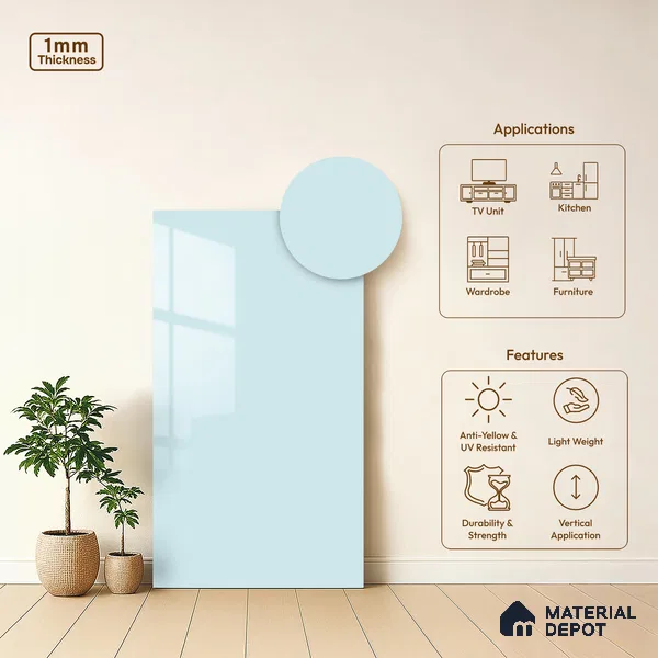 LM 21056 C Pale Aqua Solid Color Glossy Finish 8 ft x 4 ft Decorative Laminate - 1 mm | Suitable for Living Room, Kitchen, Office