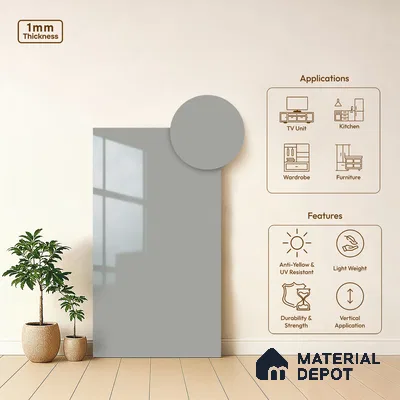LM 21059 C Steelmist Grey Solid Color Glossy Finish 8 ft x 4 ft Decorative Laminate - 1 mm | Suitable for Living Room, Kitchen, Office