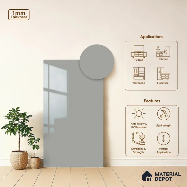 LM 21059 C Steelmist Grey Solid Color Glossy Finish 8 ft x 4 ft Decorative Laminate - 1 mm | Suitable for Living Room, Kitchen, Office