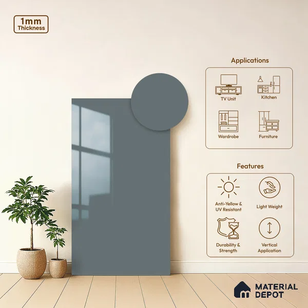 LM 21060 E Gravora Grey Solid Color Glossy Finish 8 ft x 4 ft Decorative Laminate - 1 mm | Suitable for Living Room, Kitchen, Office