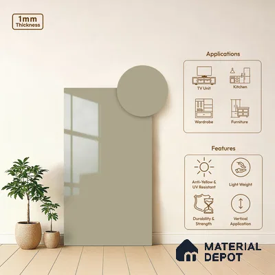 LM 21061 E Veloura Beige Solid Color Glossy Finish 8 ft x 4 ft Decorative Laminate - 1 mm | Suitable for Living Room, Kitchen, Office